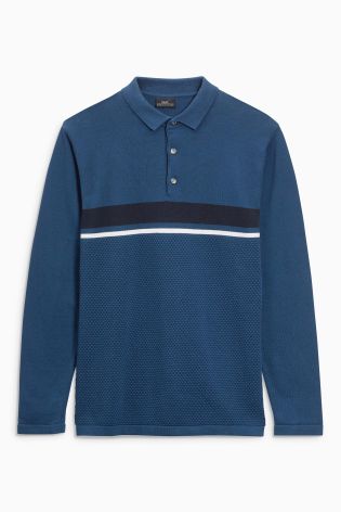 Textured Chest Stripe Long Sleeve Polo